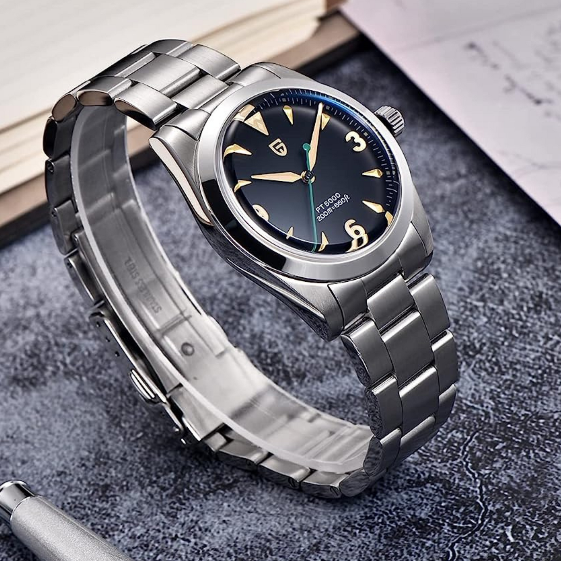 Pagani Design PD-1723 Air King 36 mm 200 m Automatic Watch AR Sapphire crystal with Lume Stainless steel & PT-5000 Movement- Black