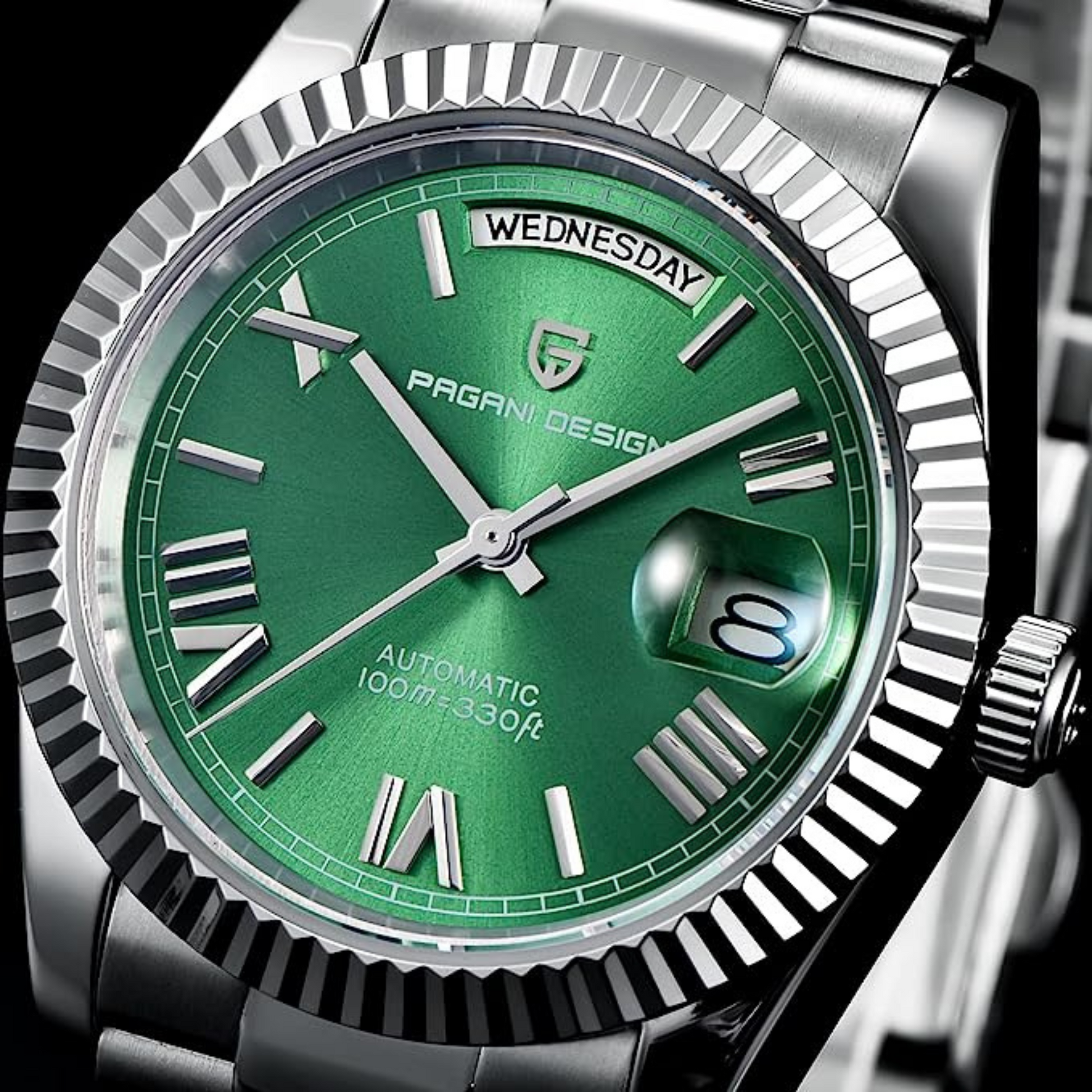 Pagani Design PD-1752 Presidential Day-Date Homage Automatic Movement (ST-16) | Stainless Steel Dial Men's 36 MM Watch | Green Dial