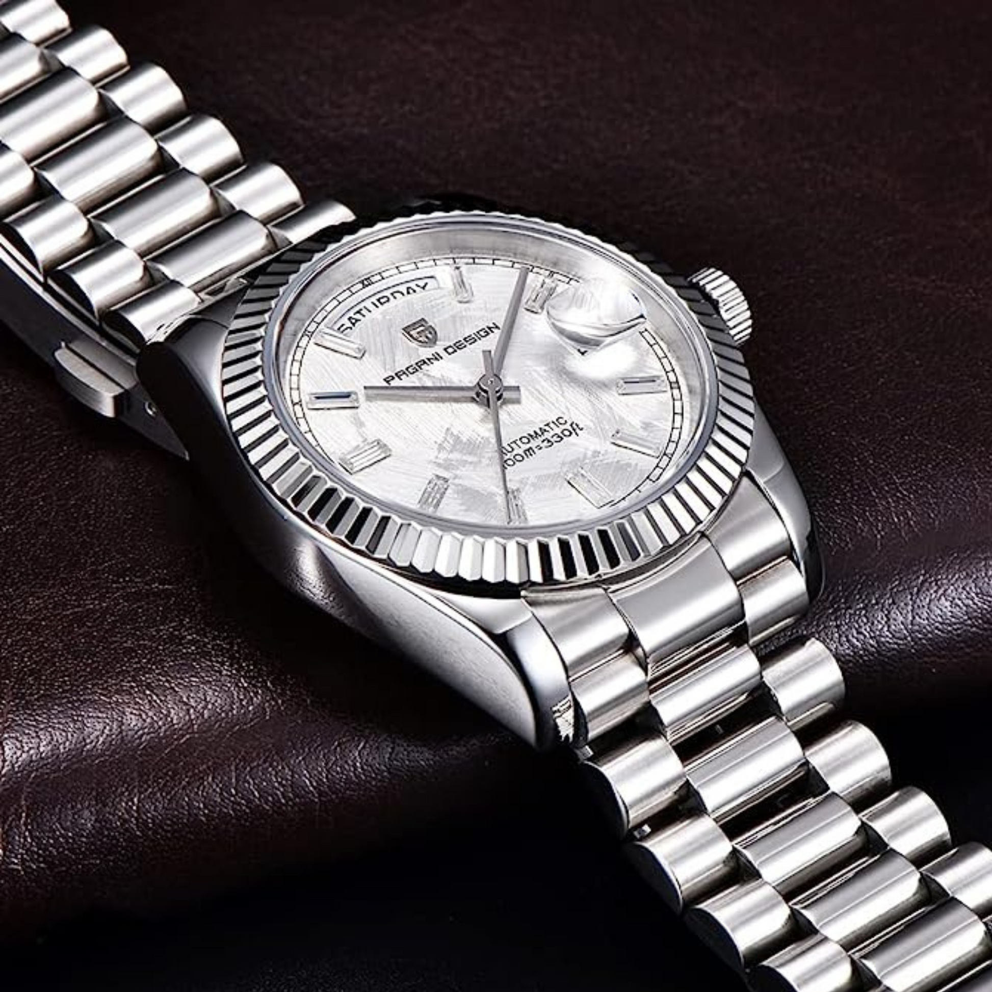 Pagani Design PD-1752 Presidential Day-Date Homage Automatic Movement (ST-16) | Stainless Steel Dial Men's 36 MM Watch | White Meteorite Dial
