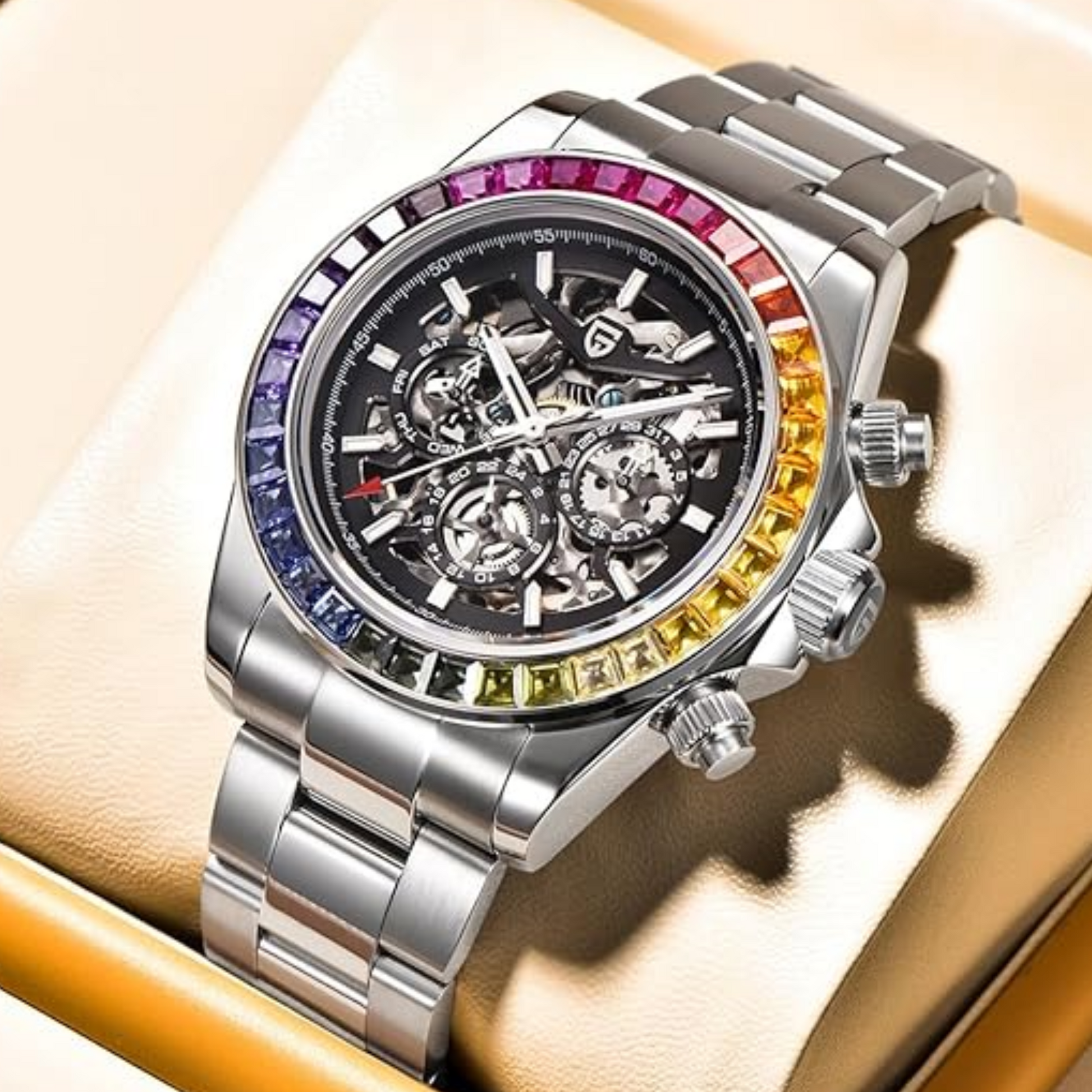PAGANI DESIGN PD-1777 Automatic Stainless Steel Skeleton Mechanical Wrist Watch - Rainbow Bezel