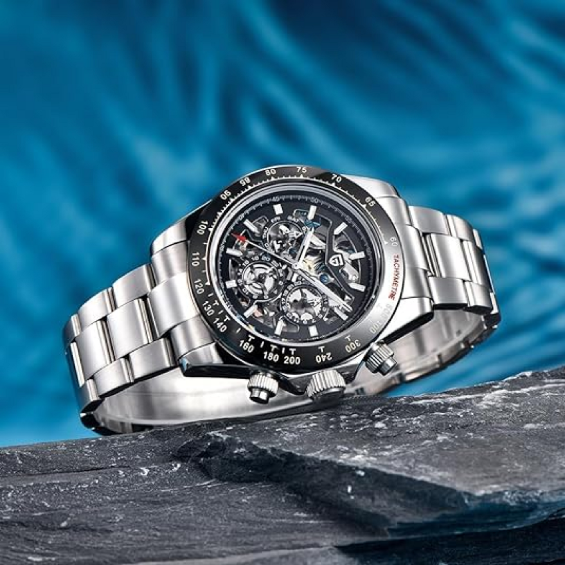 PAGANI DESIGN PD-1777 Automatic Stainless Steel Skeleton Mechanical Wrist Watch - Silver Black