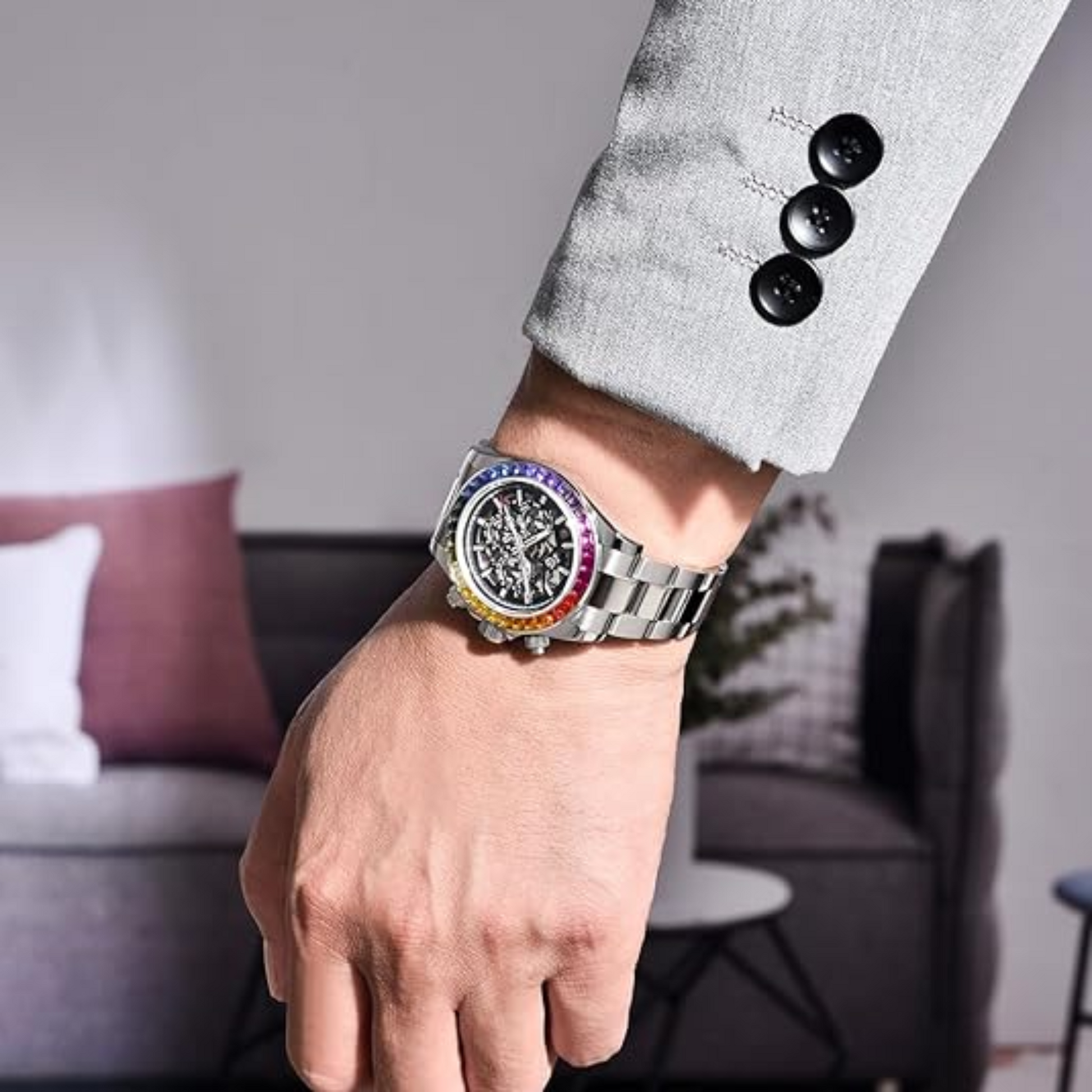 PAGANI DESIGN PD-1777 Automatic Stainless Steel Skeleton Mechanical Wrist Watch - Rainbow Bezel