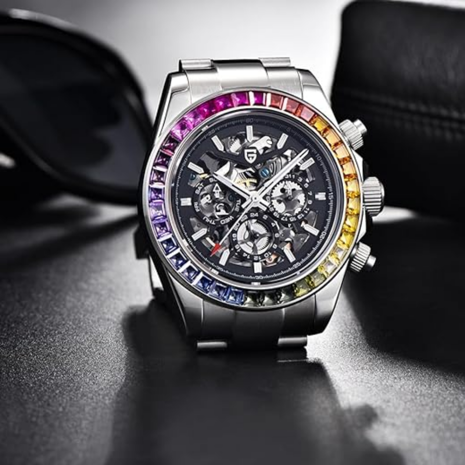 PAGANI DESIGN PD-1777 Automatic Stainless Steel Skeleton Mechanical Wrist Watch - Rainbow Bezel