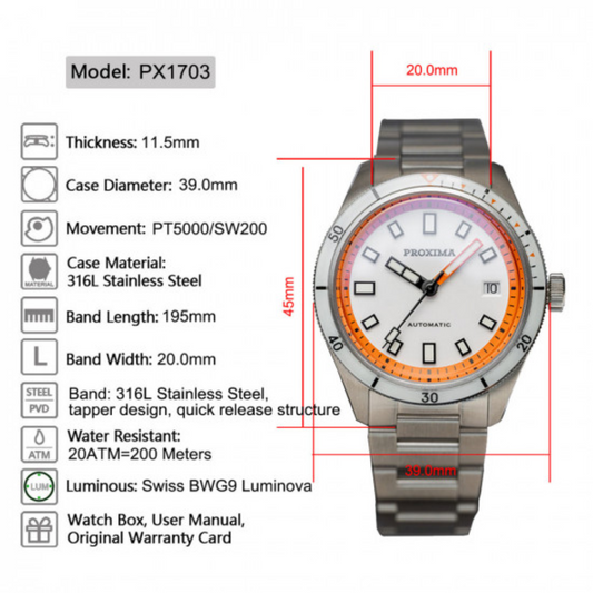 PROXIMA PX-1703 Mens Luxury Business Timepiece sapphire Bezel with BGW9 Lume with Swiss SW200 Movement