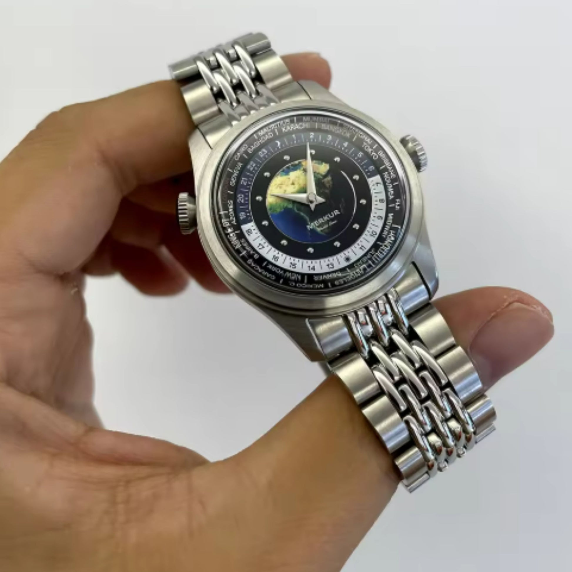 NEW MERKUR Dual Crown World Time Enamel Dial casual manual mechanical watch steel watch Vintage Date Window