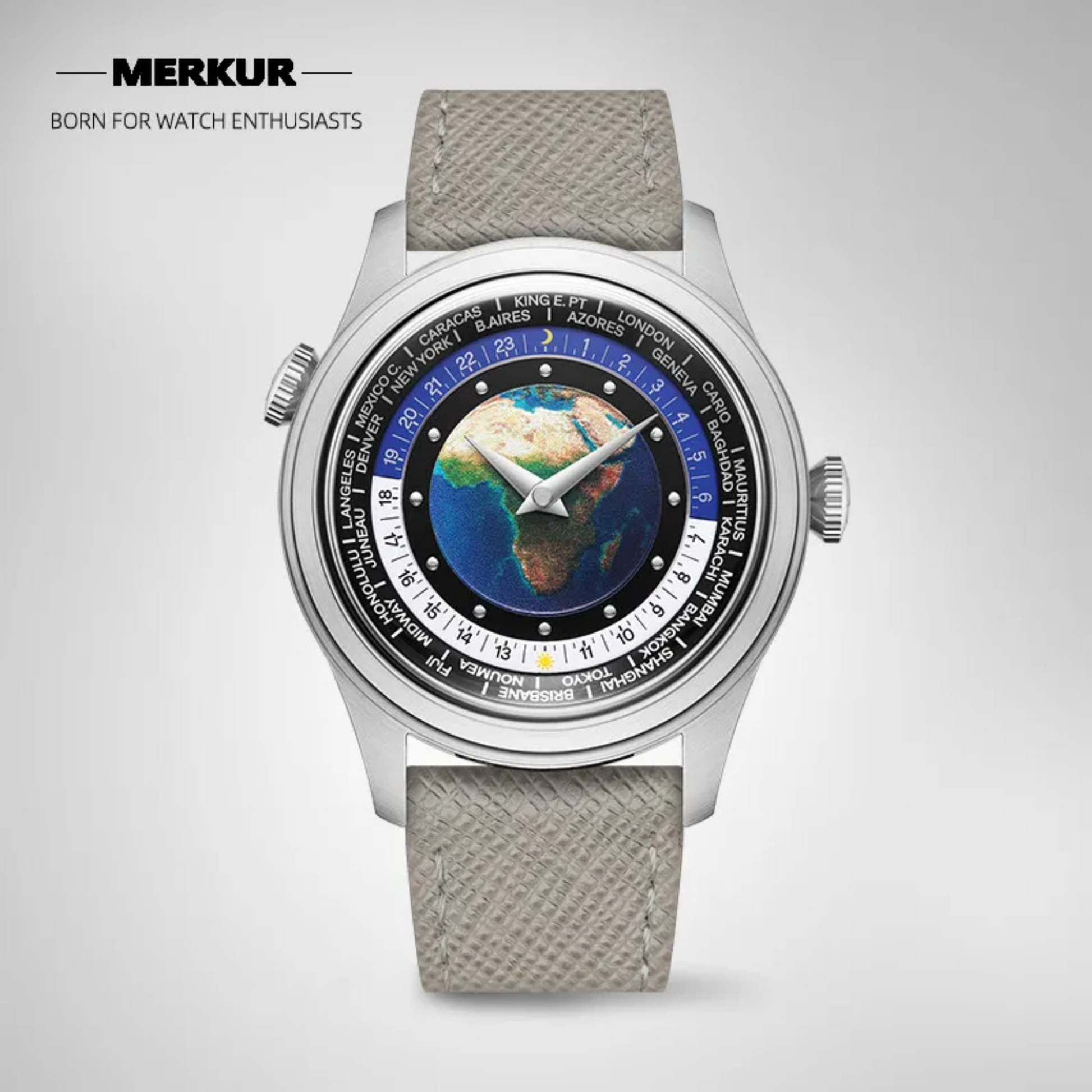 NEW MERKUR Dual Crown World Time Enamel Dial casual manual mechanical watch steel watch Vintage Date Window