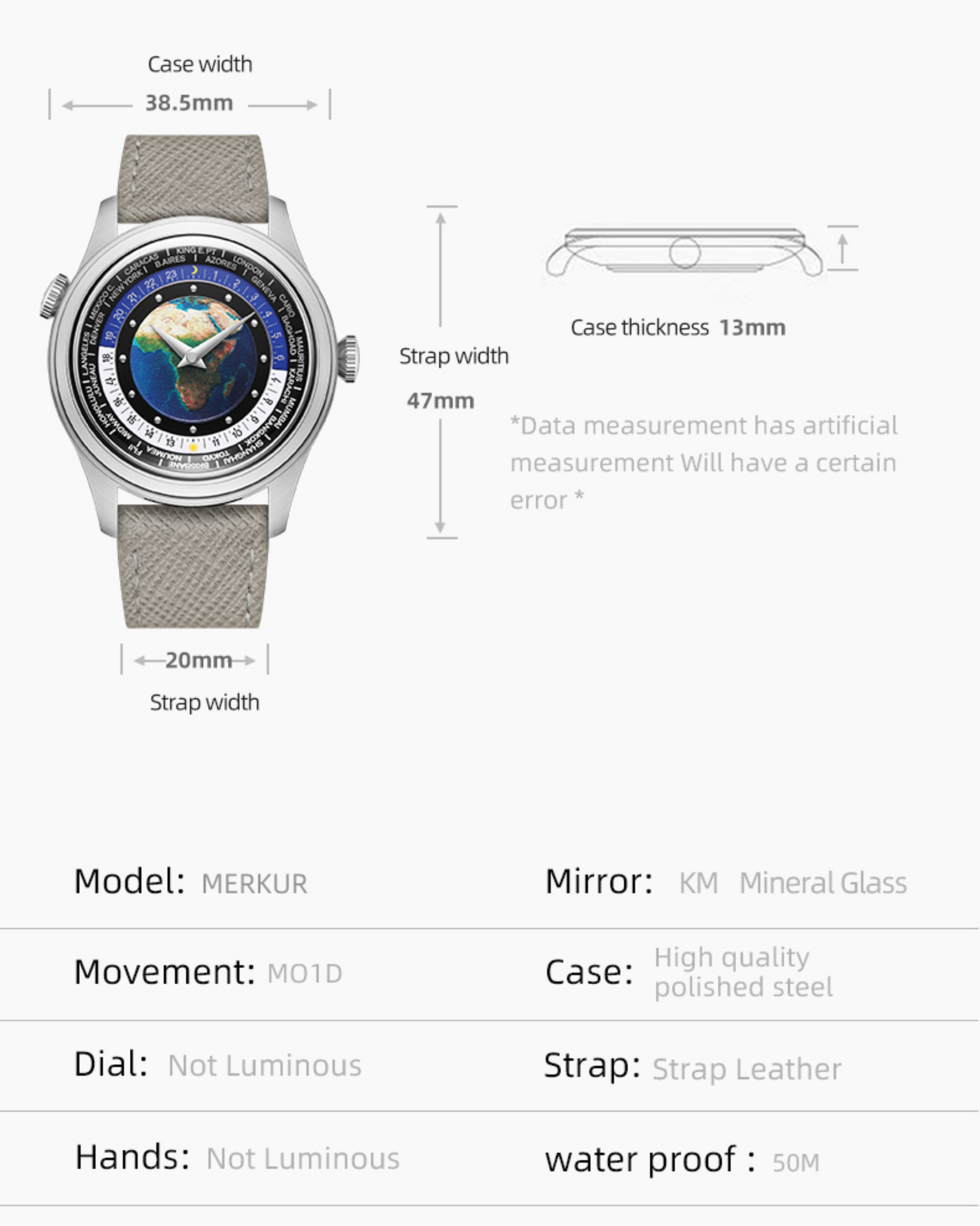 NEW MERKUR Dual Crown World Time Enamel Dial casual manual mechanical watch steel watch Vintage Date Window