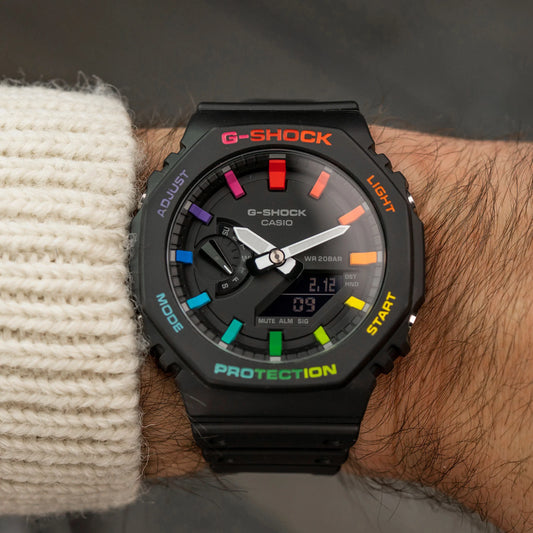 Modified G-Shock with Colourful Indices and Outer Case - CasiOak Black Rainbow