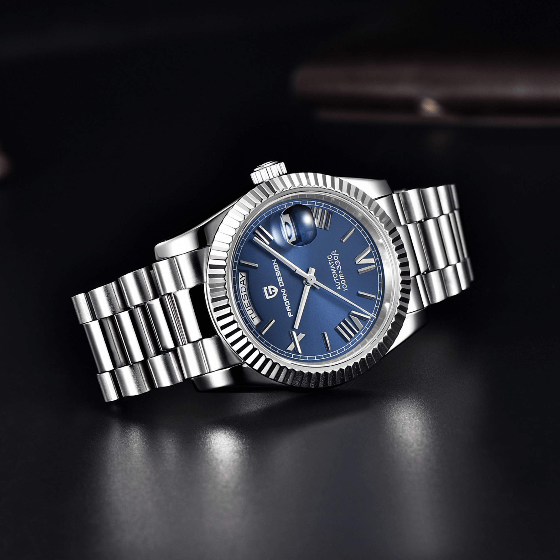 Pagani Design PD-1752 Presidential Day-Date Homage Automatic Movement ST6 | Stainless Steel Dial Men's 36 MM Watch | Deep Blue Dial