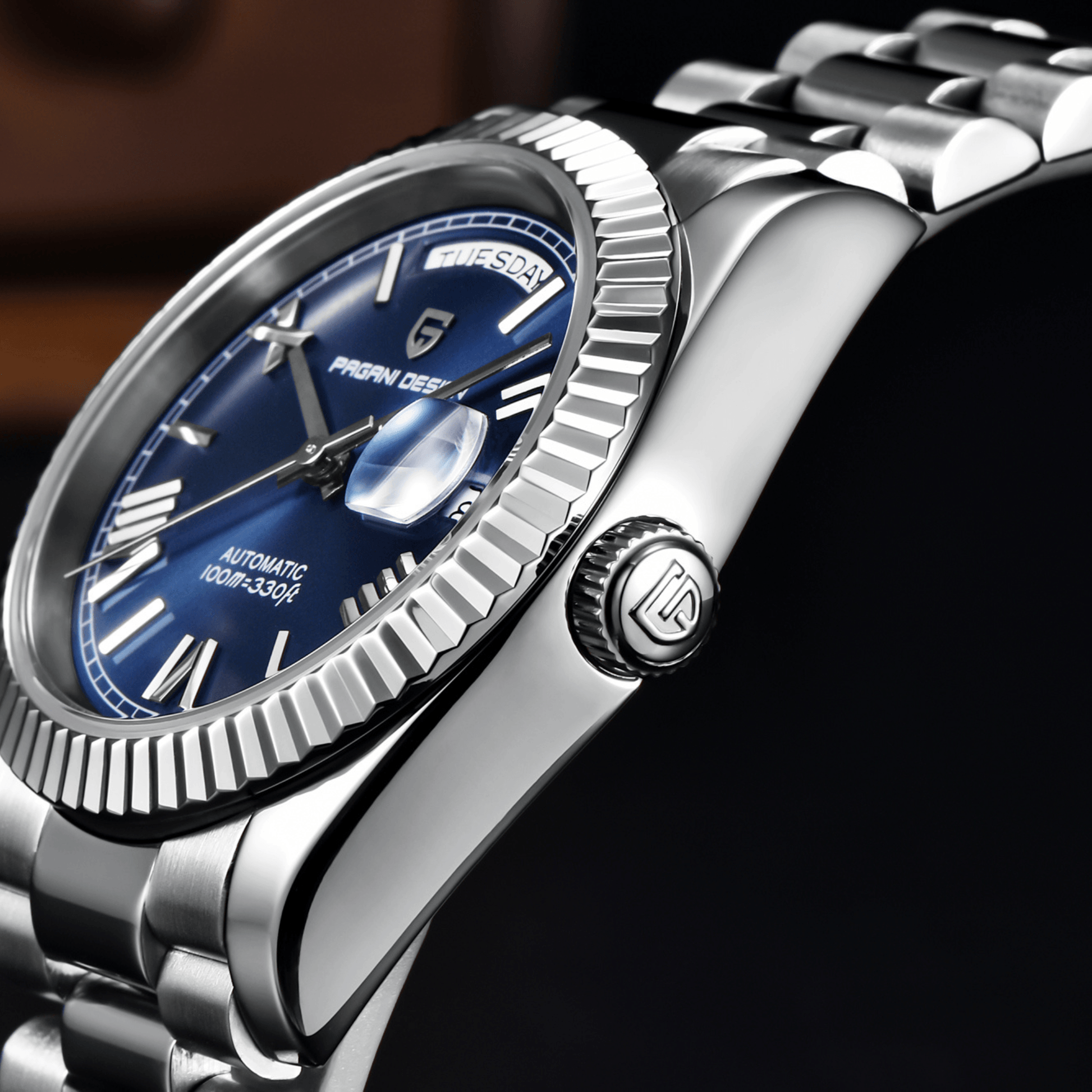 Pagani Design PD-1752 Presidential Day-Date Homage Automatic Movement ST6 | Stainless Steel Dial Men's 36 MM Watch | Deep Blue Dial