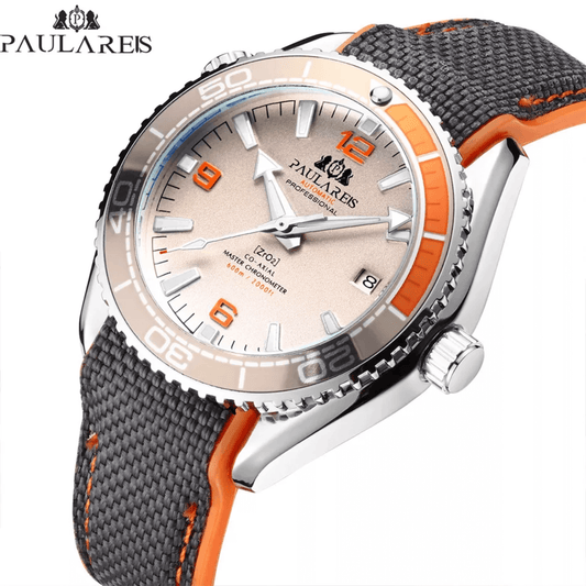 PAULAREIS Seamaster Diver 300 Homage Automatic Movement | Stainless Steel Dial Men's 45 MM Watch | Sunburst Dial - Orange Paularies watches india dream watches