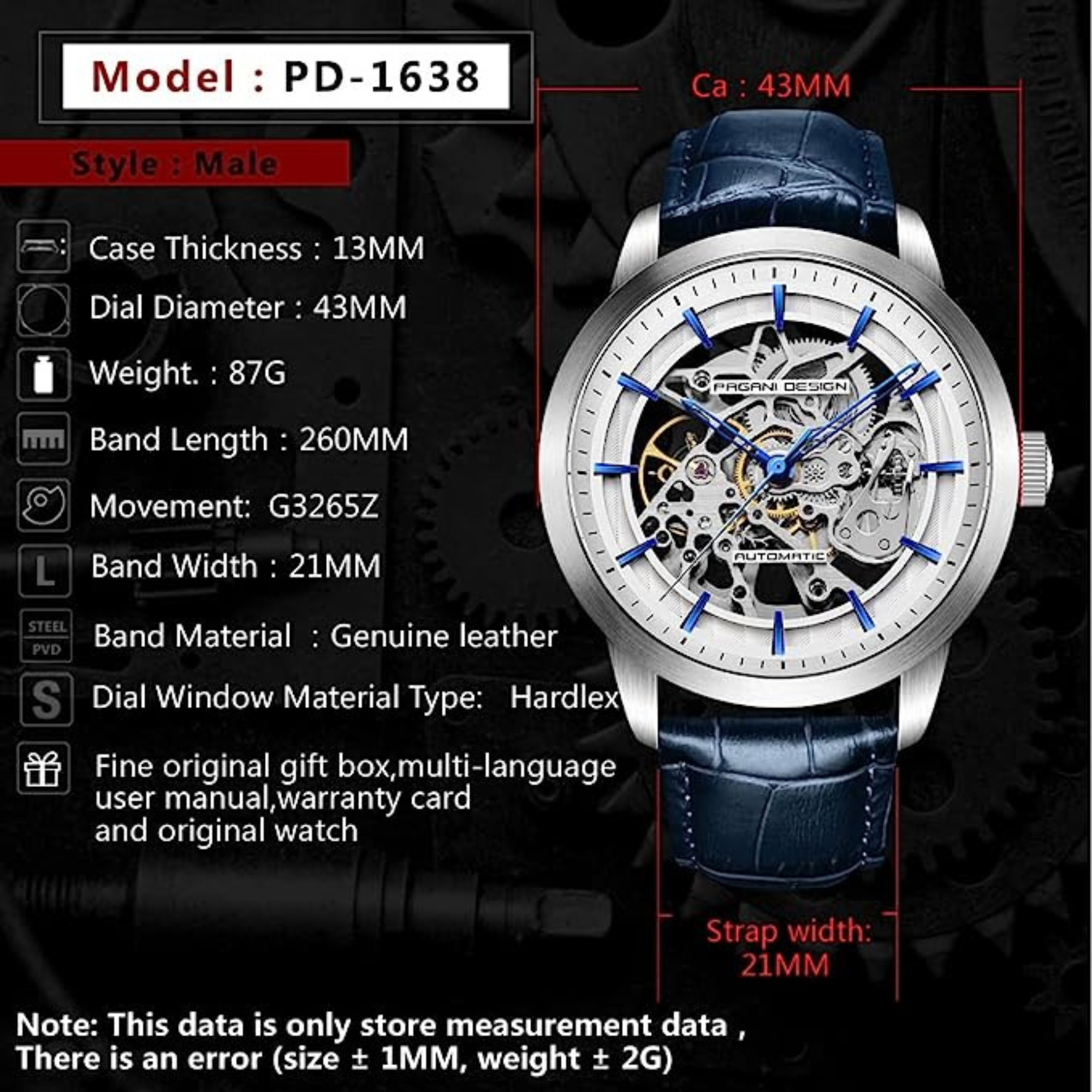 Pagani Design PD-1638 2023 Men's Automatic Skeleton Mechanical Automatic Stainless Steel Watch with Leather Strap Pointer Series 100 Meters Waterproof