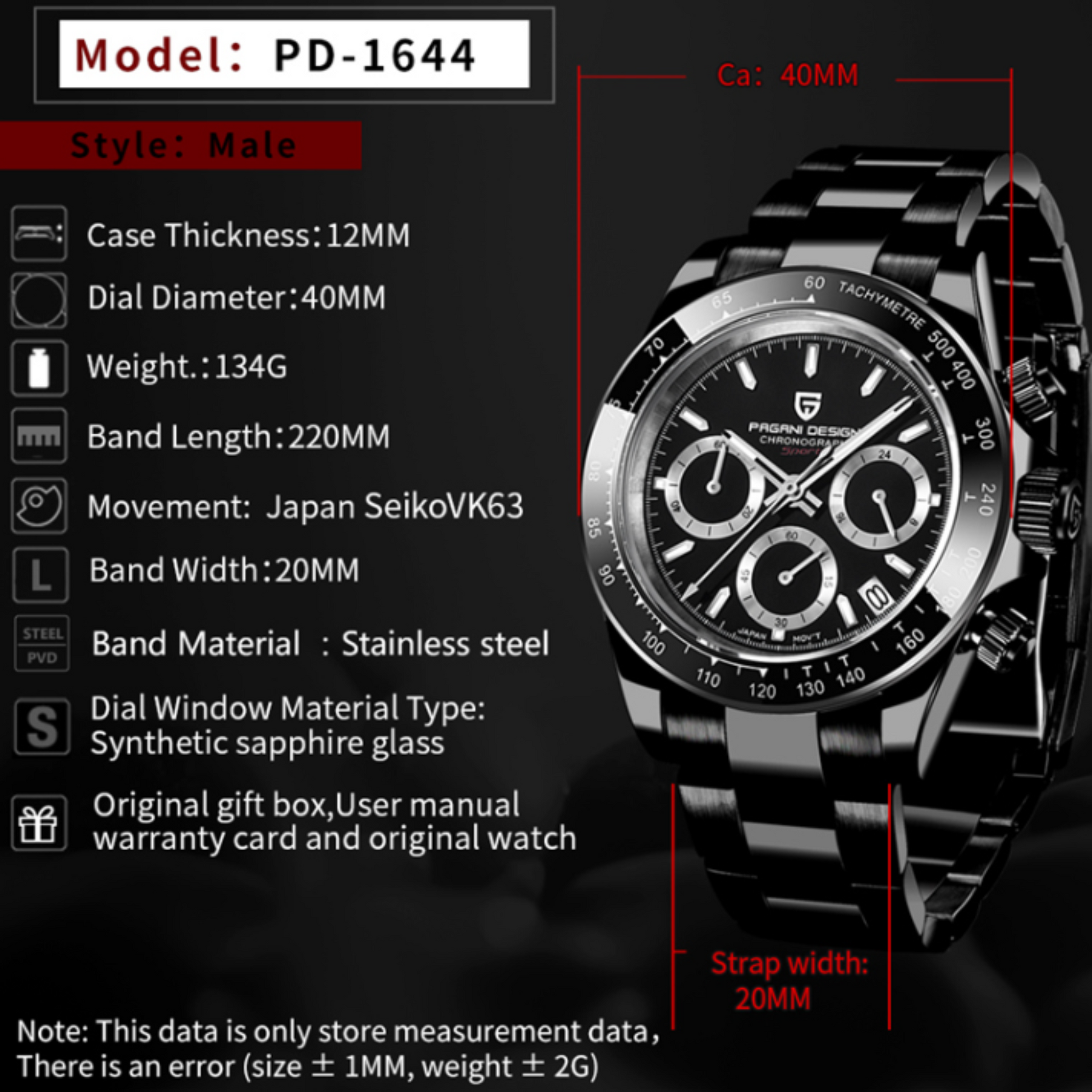 Pagani Design PD-1644 Daytona Chronograph Luxury Meca-quartz Movement (Japanese VK63) | Stainless Steel Men's 40MM Watch