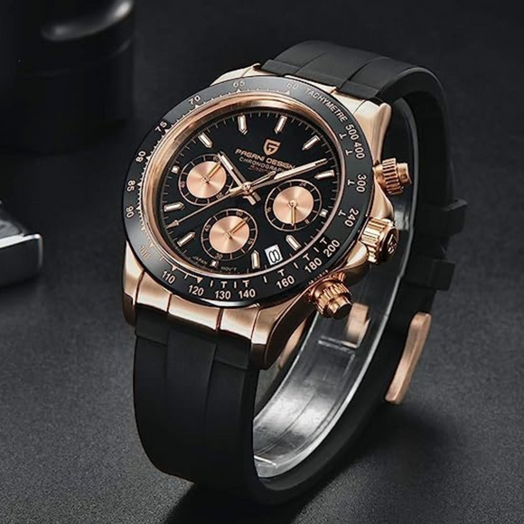 Pagani Design PD-1644 Daytona Chronograph Luxury Meca-quartz Movement (Japanese VK63) | Stainless Steel Men's 40MM Watch - Rose-Gold Black Dial