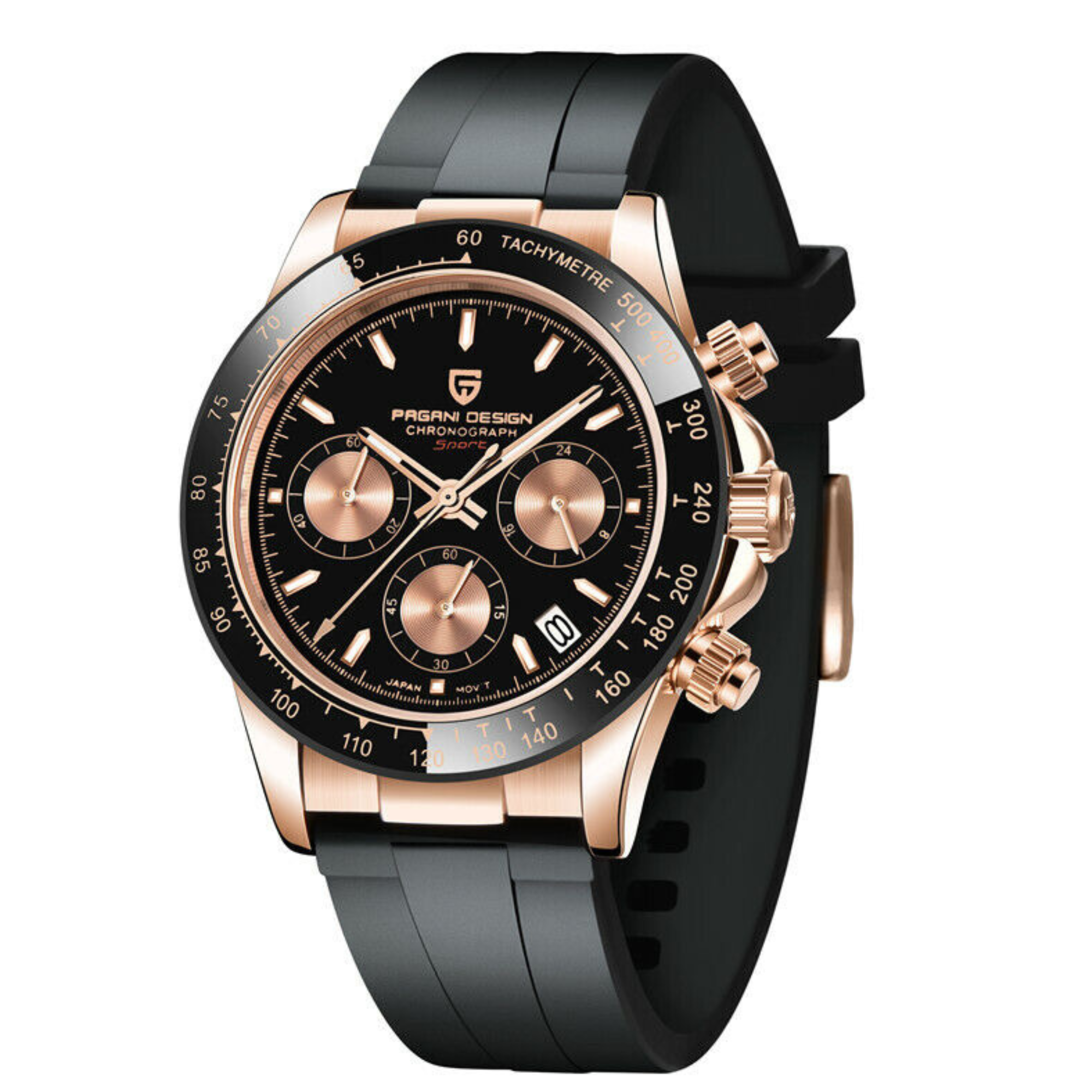 Pagani Design PD-1644 Daytona Chronograph Luxury Meca-quartz Movement (Japanese VK63) | Stainless Steel Men's 40MM Watch - Rose-Gold Black Dial