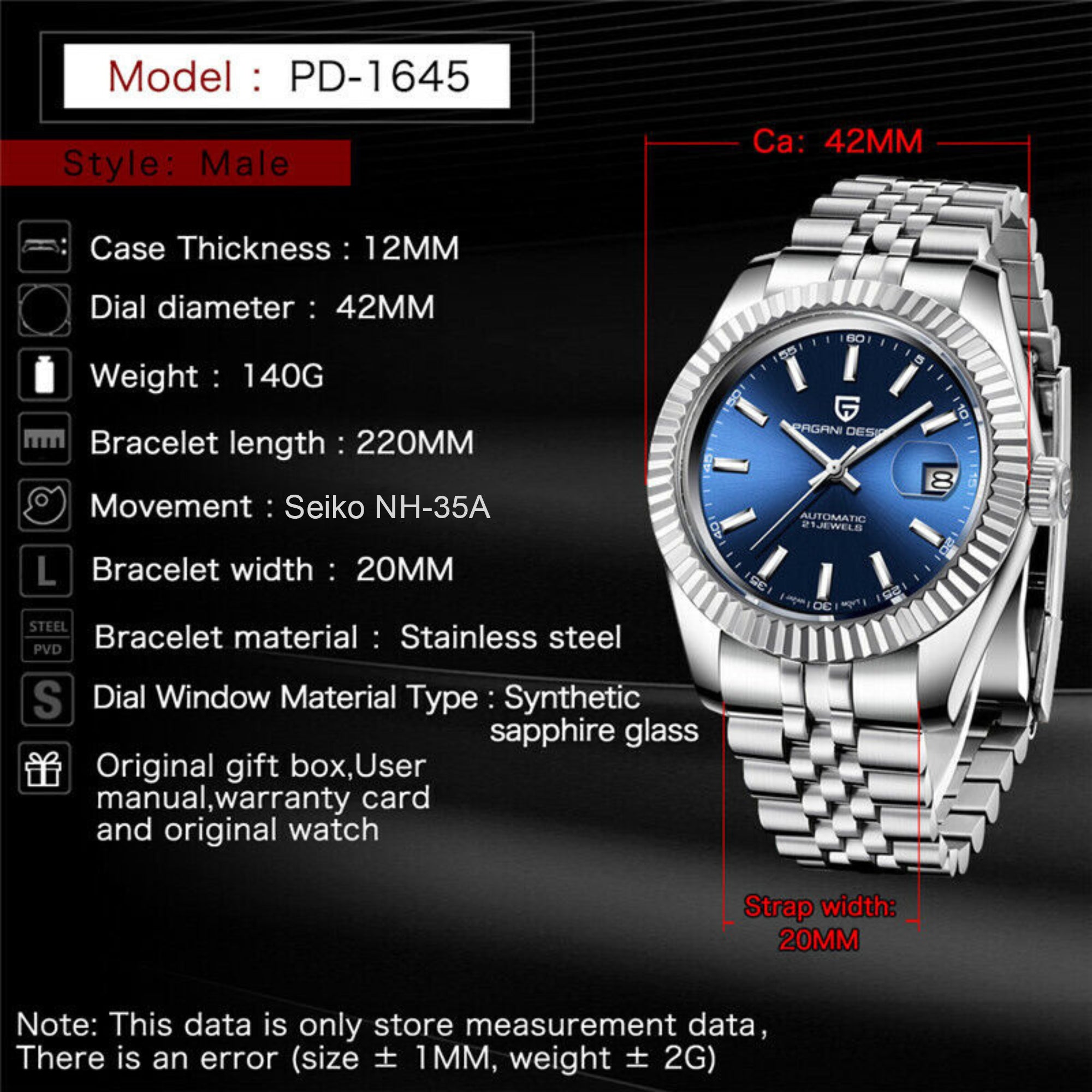 Pagani Design PD-1645 DateJust (Seiko NH-35A Automatic Movement) Mechanical Watch 200M Waterproof Watch Stainless Steel Watch Fluted Bezel (Silver Dial - Jubilee Bracelet)