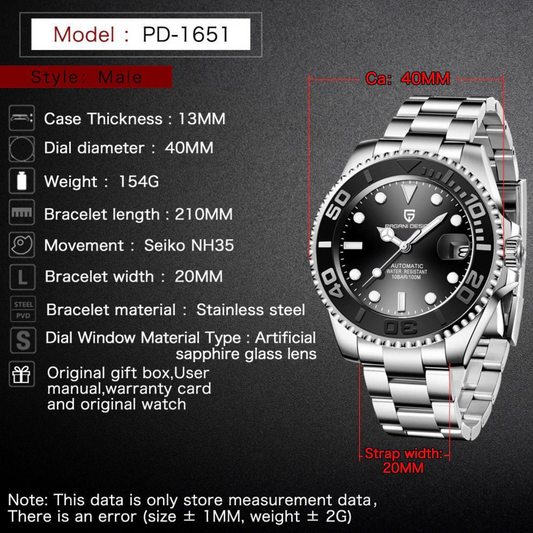 Pagani Design PD-1651 40mm Mens Automatic Waterproof Mechanical Watch with (Japanese NH-35 Movement) Yatch-Master Hommage - Black Bezel