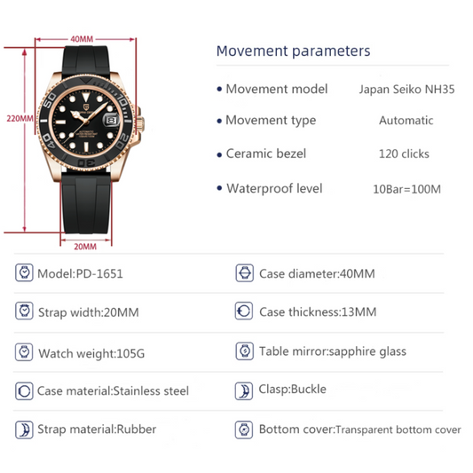 Pagani Design PD-1651 40mm Mens Automatic Waterproof Mechanical Watch with (Japanese NH-35 Movement) Yatch-Master Hommage