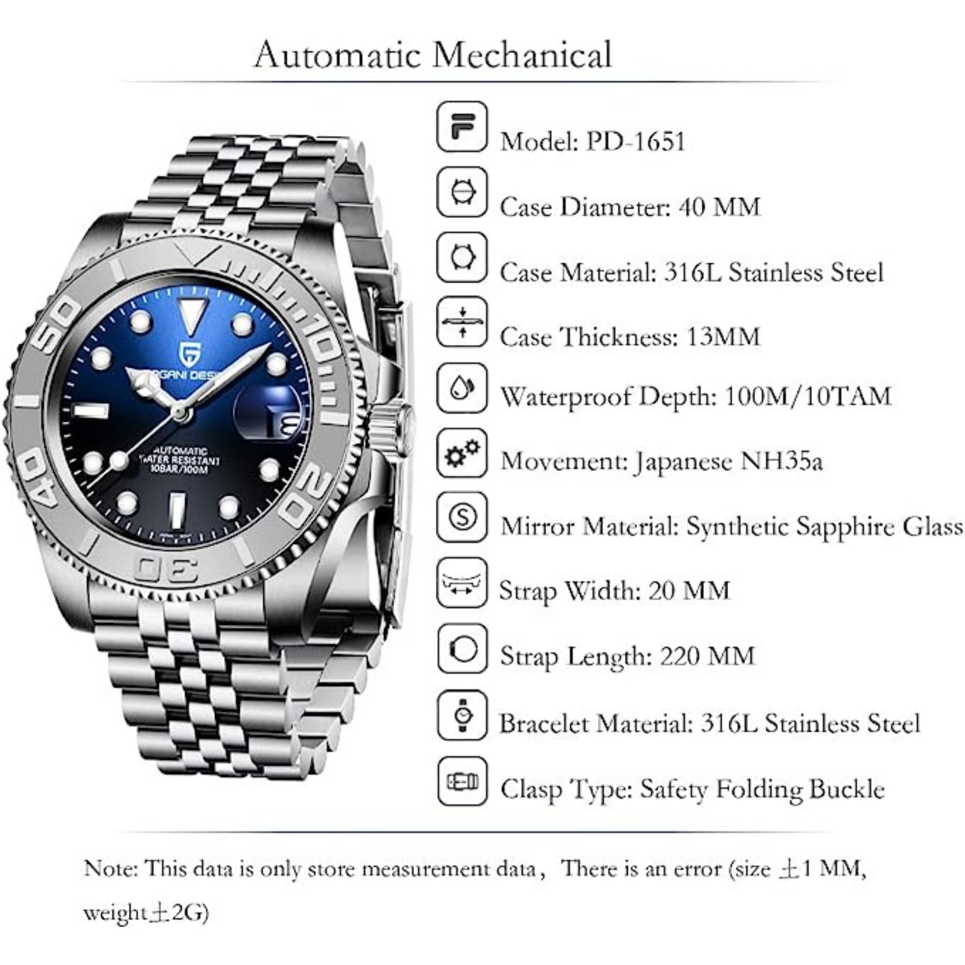 Pagani Design PD-1651 40mm Mens Automatic Waterproof Mechanical Watch (Seiko NH-35 Movement) Yatch-Master Hommage - Black Blue