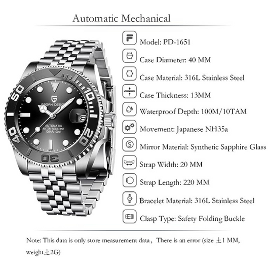 Pagani Design PD-1651 40mm Mens Automatic Waterproof Mechanical Watch (Seiko NH-35 Movement) Yatch-Master Hommage - Black