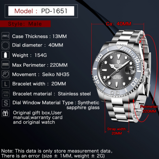 Pagani Design PD-1651 40mm Mens Automatic Waterproof Mechanical Watch (Seiko NH-35 Movement) Yatch-Master Hommage - Grey