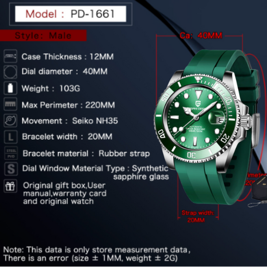 Pagani Design PD-1661 Waterproof Mechanical Automatic Watch  Men's 40MM Watch "Hulk"