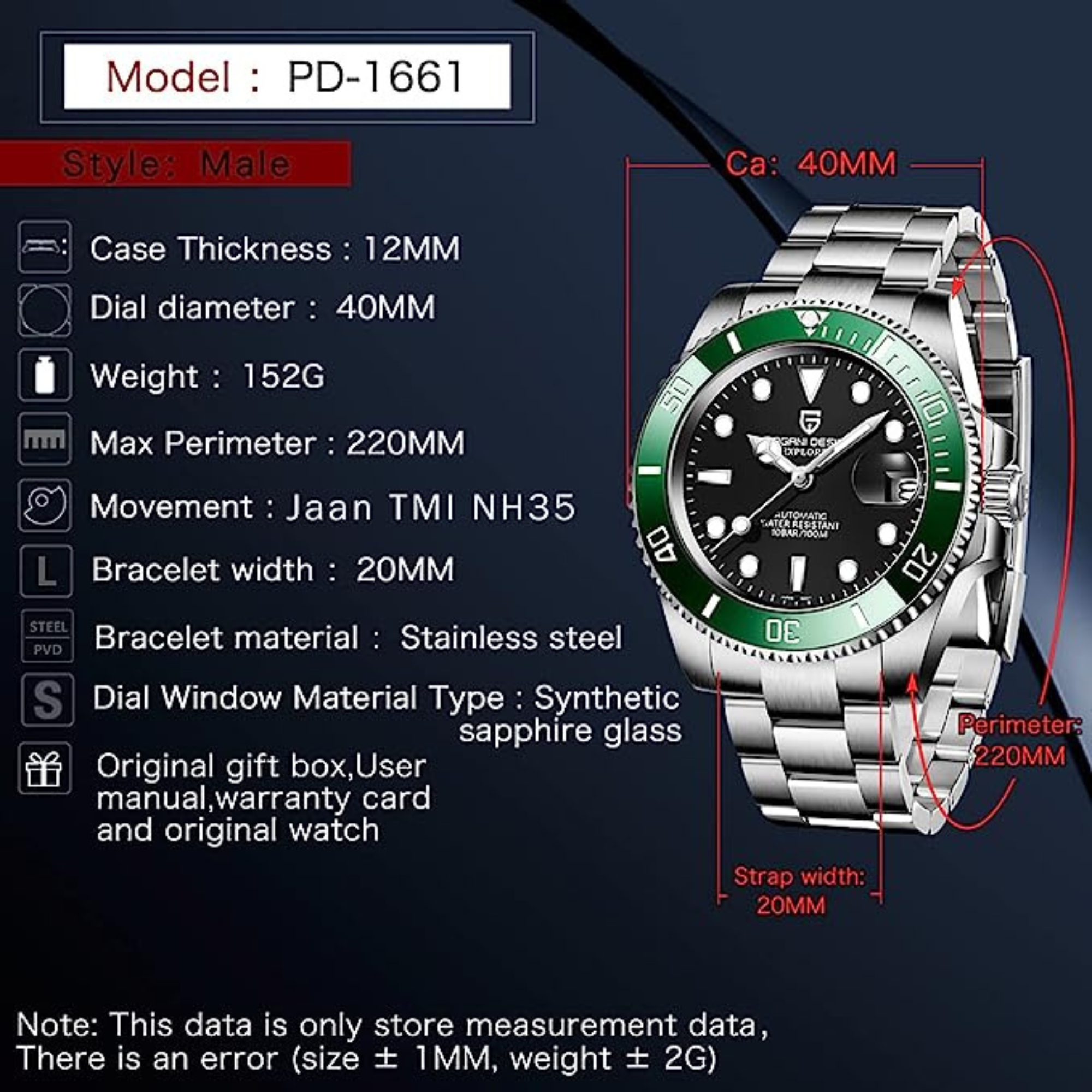 Pagani Design Waterproof Mechanical Automatic Watch Stainless Steel Men's 40MM Watch Submariner (Kermit)