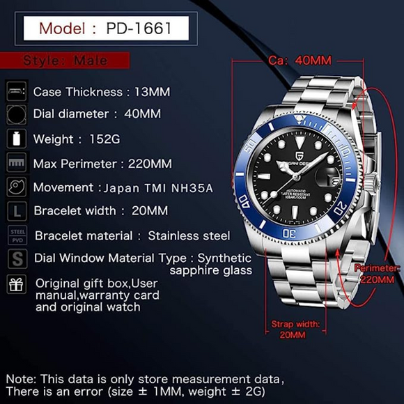 Pagani Design Waterproof Mechanical Automatic Watch Stainless Steel Men's 40MM Watch Submariner (Bluesy) With Jubilee Bracelet