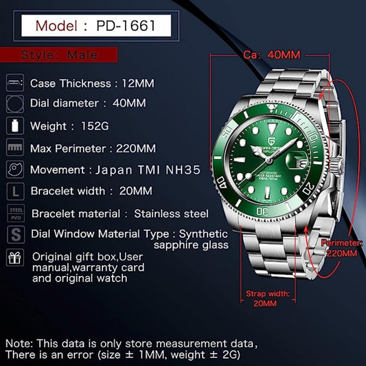 Pagani Design PD-1661 Waterproof Mechanical Automatic Watch Stainless Steel Men's 40MM Watch "Hulk"