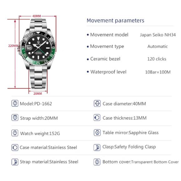 Pagani Design PD-1662 Seiko NH34 Movement equipped with AR AF Anti-Radiation Coating Automatic Watch Stainless Steel Men's (Sprite - Oyster Bracelet)