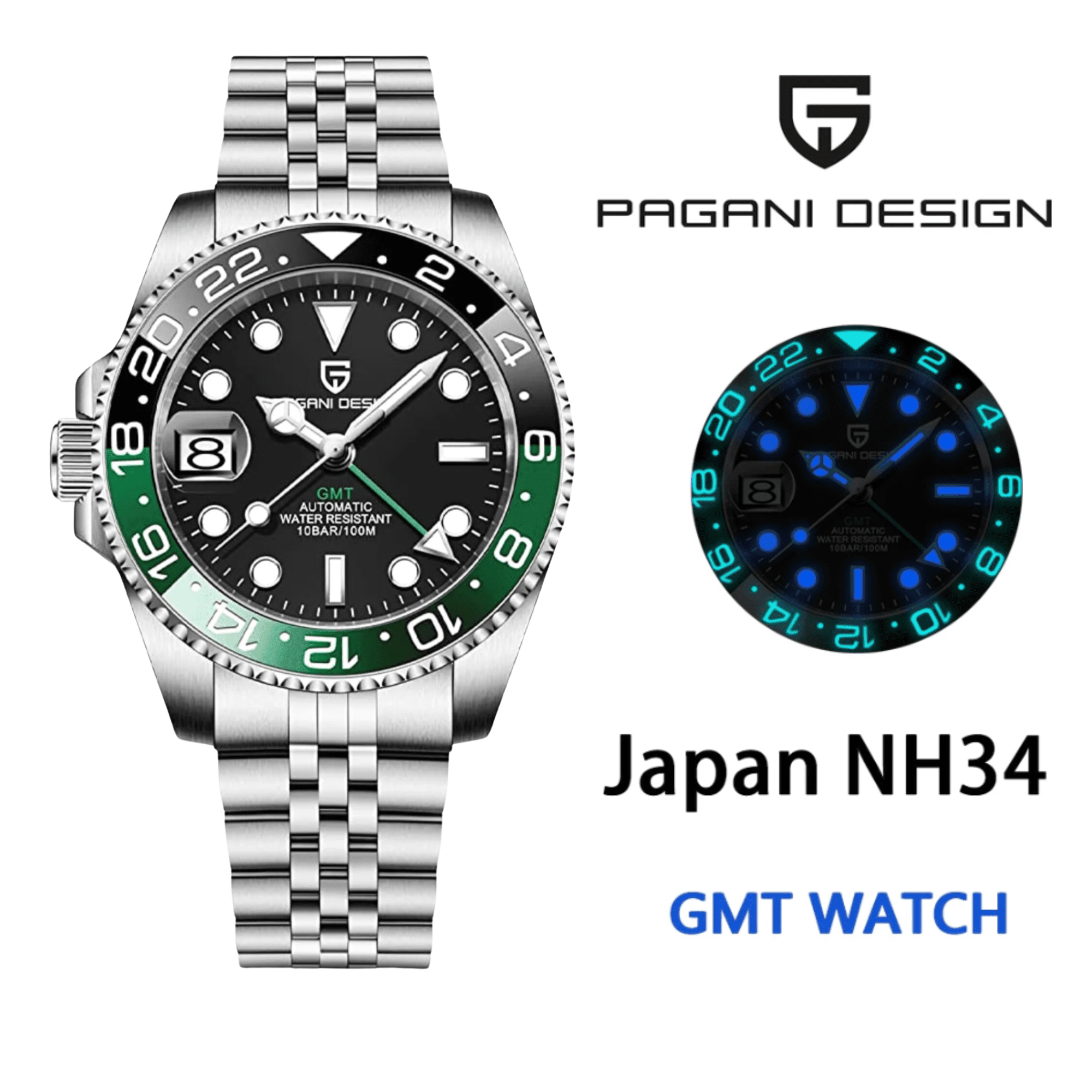 Pagani Design PD-1662 Seiko NH34 Movement equipped with AR AF Anti-Radiation Coating Automatic Watch Stainless Steel Men's (Sprite - Jubilee Bracelet)