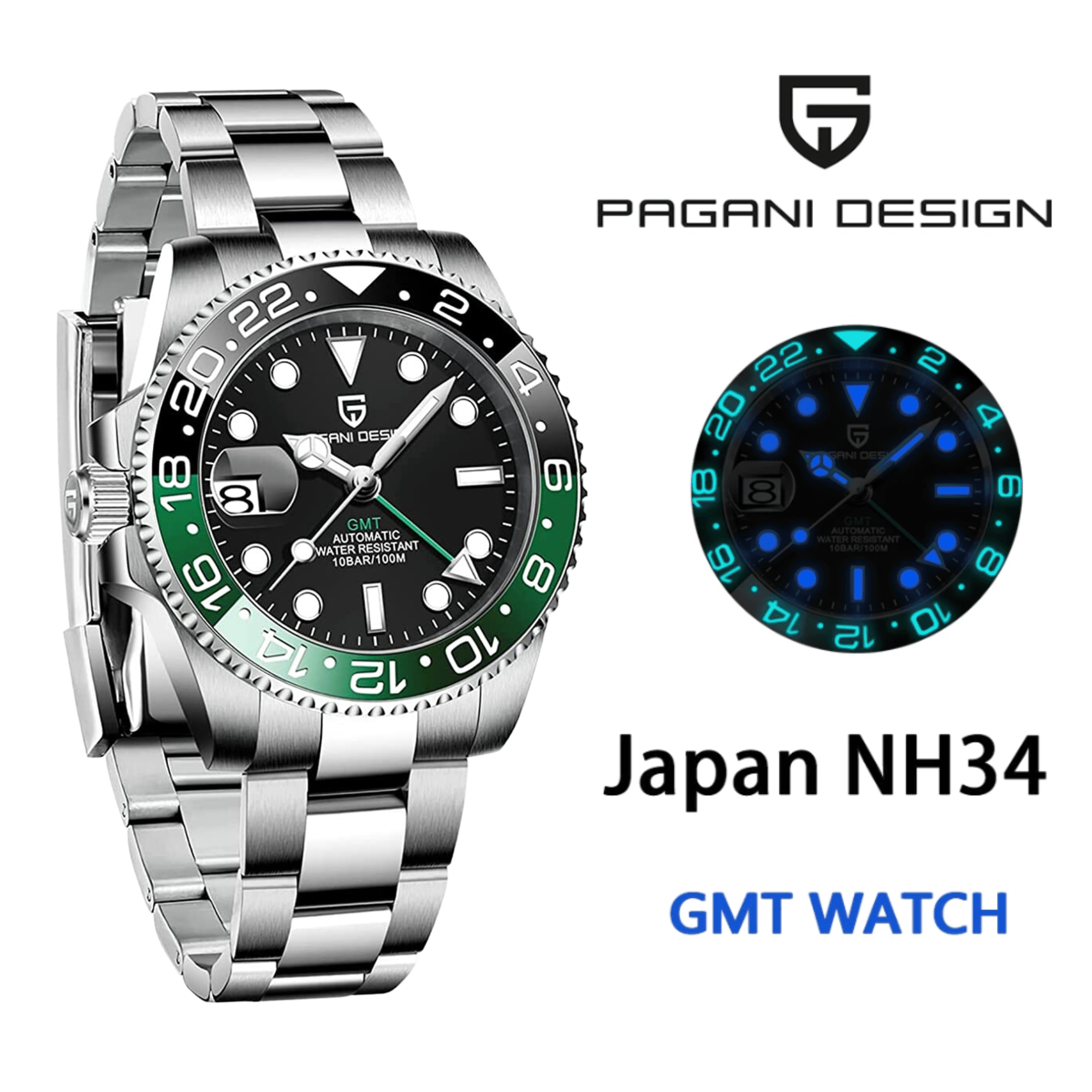 Pagani Design PD-1662 Seiko NH34 Movement equipped with AR AF Anti-Radiation Coating Automatic Watch Stainless Steel Men's (Sprite - Oyster Bracelet)