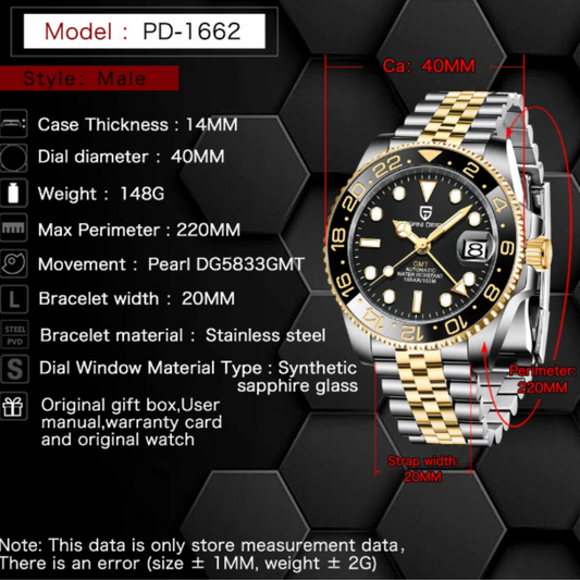 PAGANI DESIGN  PD-1662 V5 Men Mechanical Watches Luxury Ceramic Bezel Automatic Watch 100M Waterproof GMT Watch for Men - Black/Golden