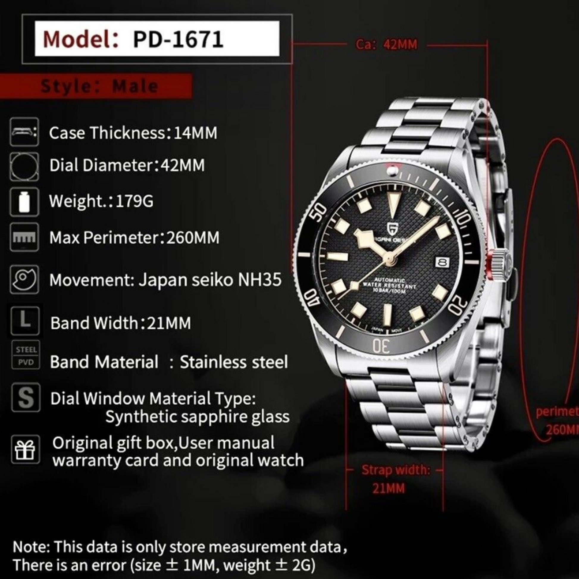Pagani Design PD-1671 42mm Mens Automatic Waterproof Mechanical Watch with (Japanese NH-35 Movement) - Black Bay