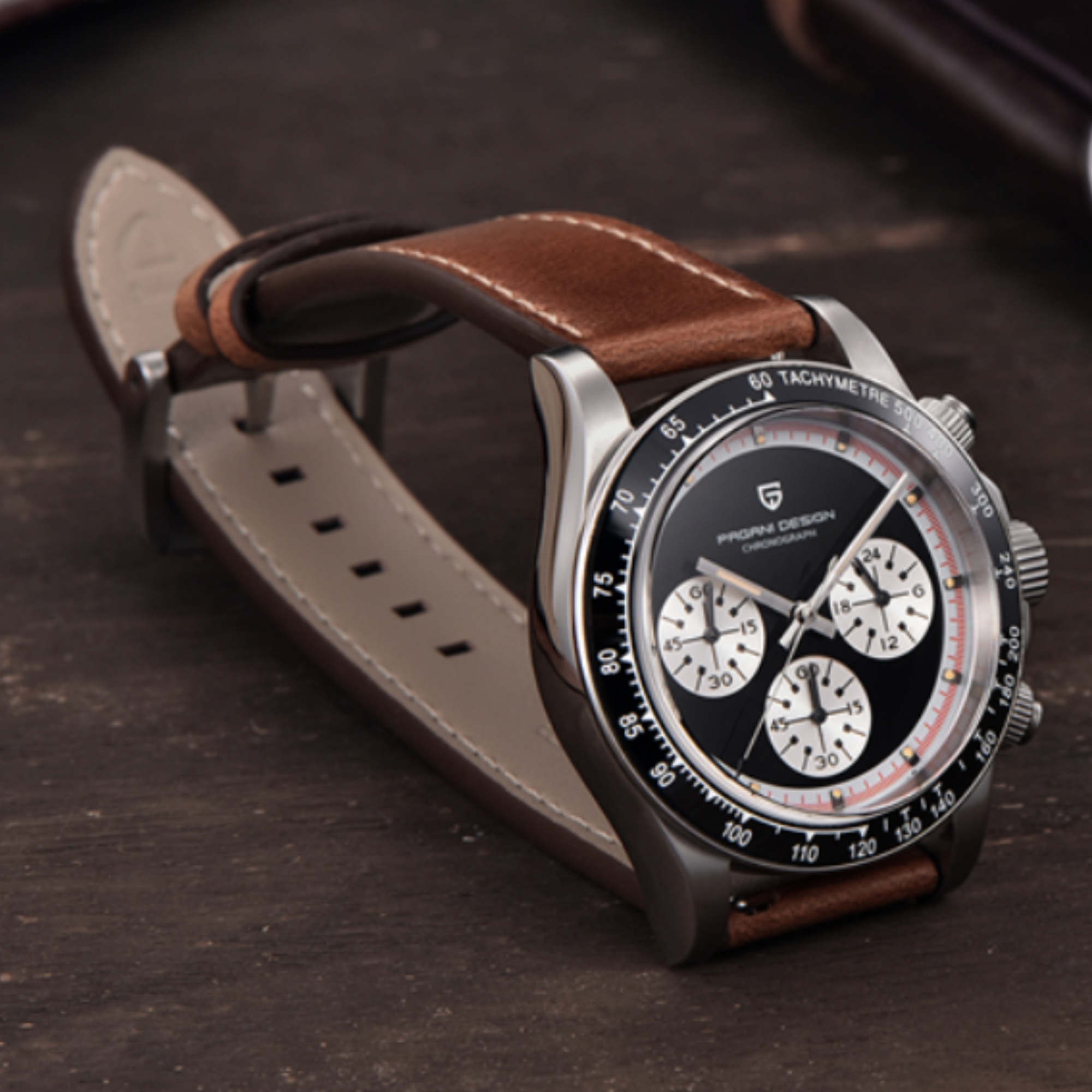 Pagani Design PD-1676 Paul Newman Chronograph Luxury Waterproof Movement (Japanese VK63) | Stainless Steel Men's 40MM Watch - Black Dial With Leather Strap