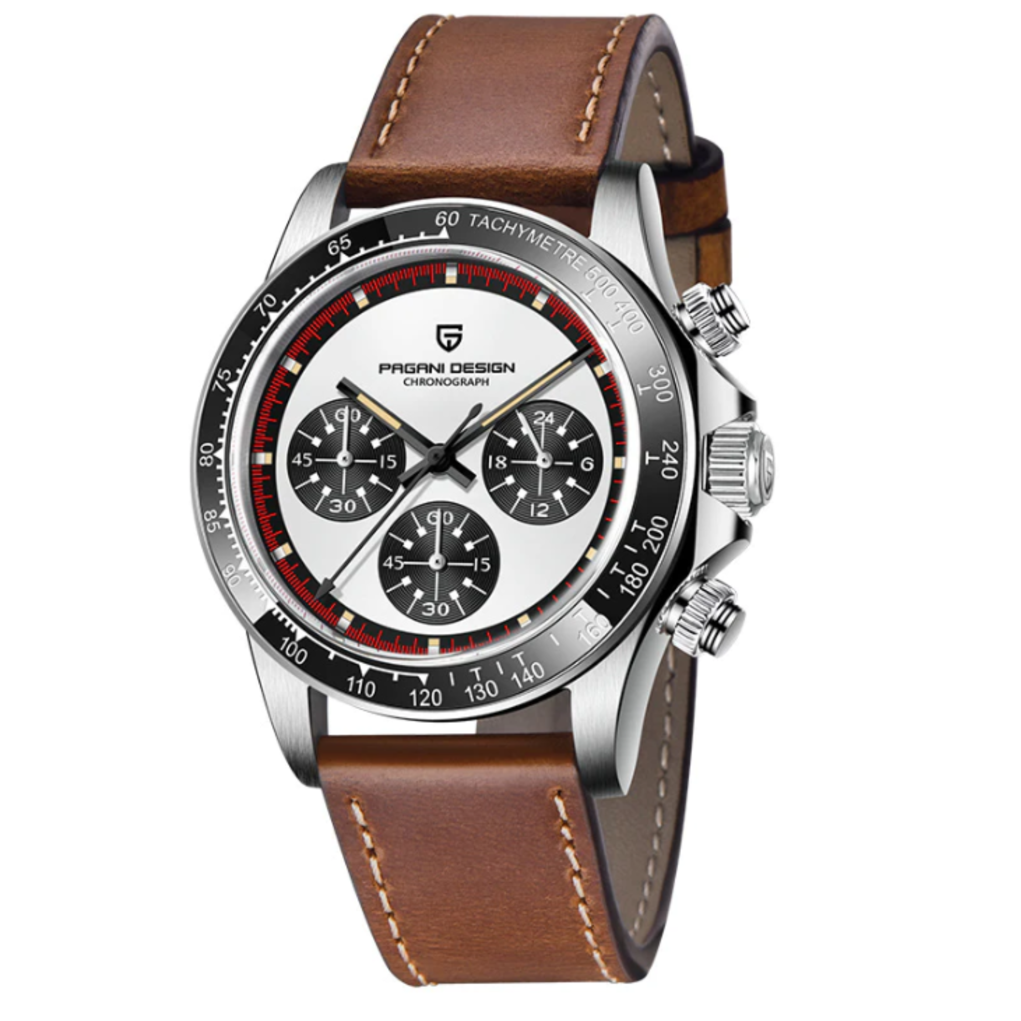 Pagani Design PD-1676 Paul Newman Chronograph Luxury Waterproof Movement (Japanese VK63) | Stainless Steel Men's 40MM Watch - White Dial With Leather Strap