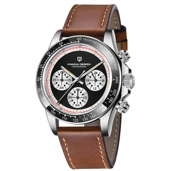 Pagani Design PD-1676 Paul Newman Chronograph Luxury Waterproof Movement (Japanese VK63) | Stainless Steel Men's 40MM Watch - Black Dial With Leather Strap