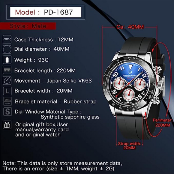 Pagani Design PD-1687 Daytona Chronograph Men's 100M Waterproof Quartz Watch 40MM Fashion Ceramic Bezel New Style Sapphire Crystal Stopwatch - Silver Blue