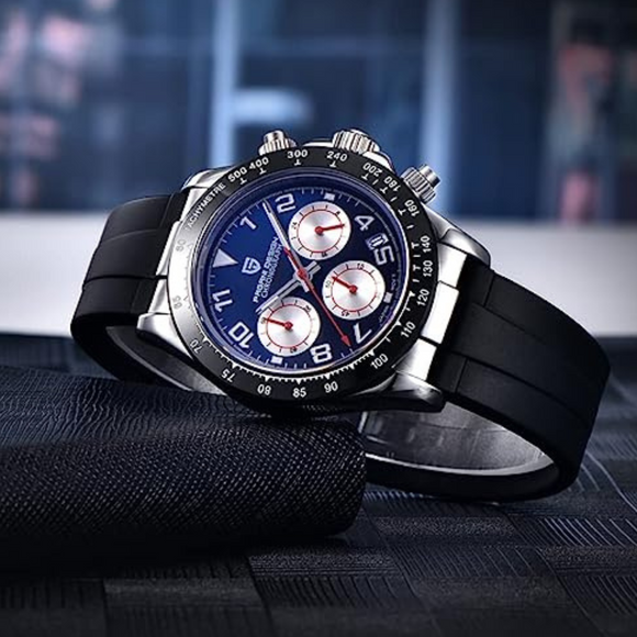 Pagani Design PD-1687 Daytona Chronograph Men's 100M Waterproof Quartz Watch 40MM Fashion Ceramic Bezel New Style Sapphire Crystal Stopwatch - Silver Blue