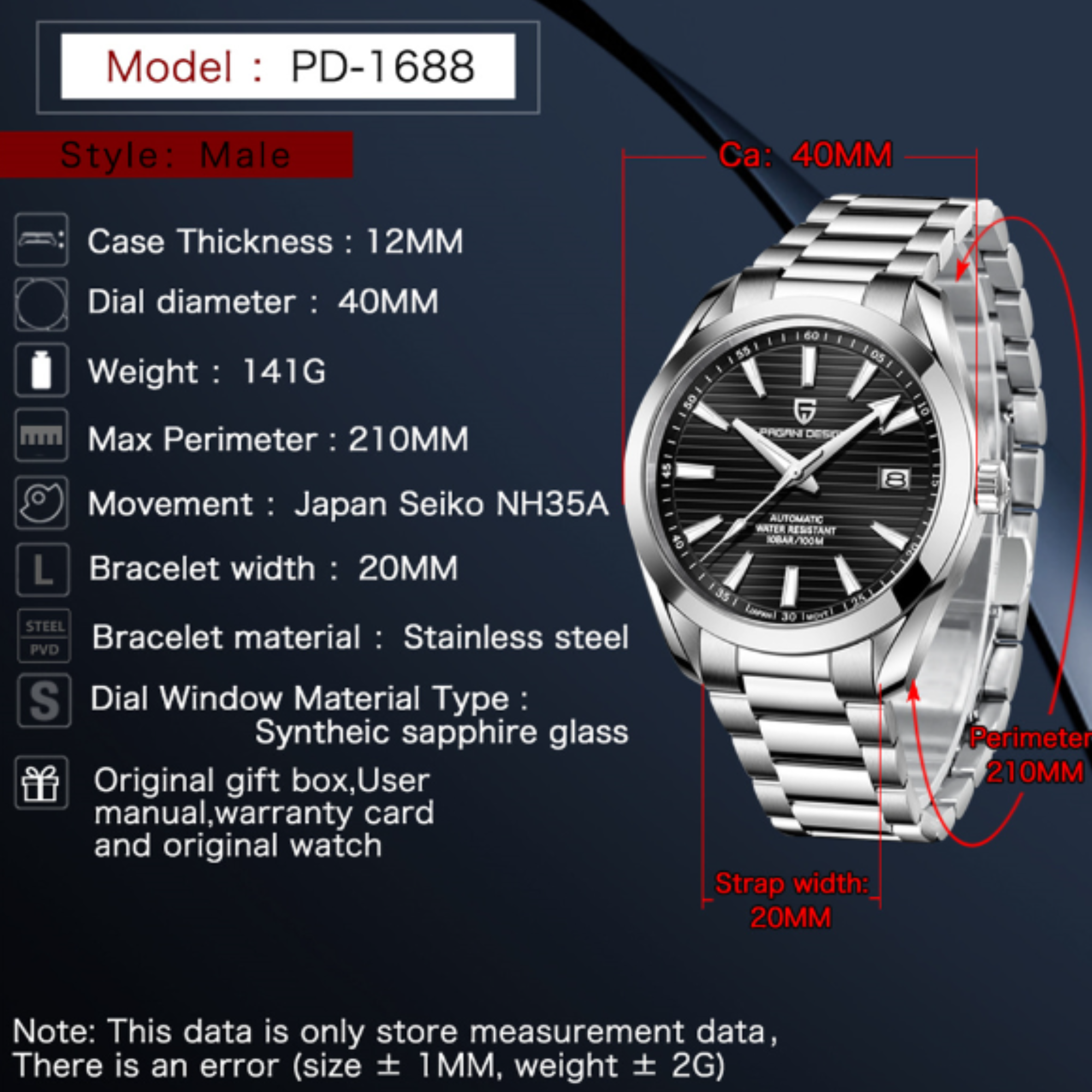 Pagani Design PD-1688 40MM (Seiko NH35A Automatic Movement) Mechanical Watch 100M Waterproof Dive Watch Sapphire Stainless Steel Watch Aqua Terra - Black