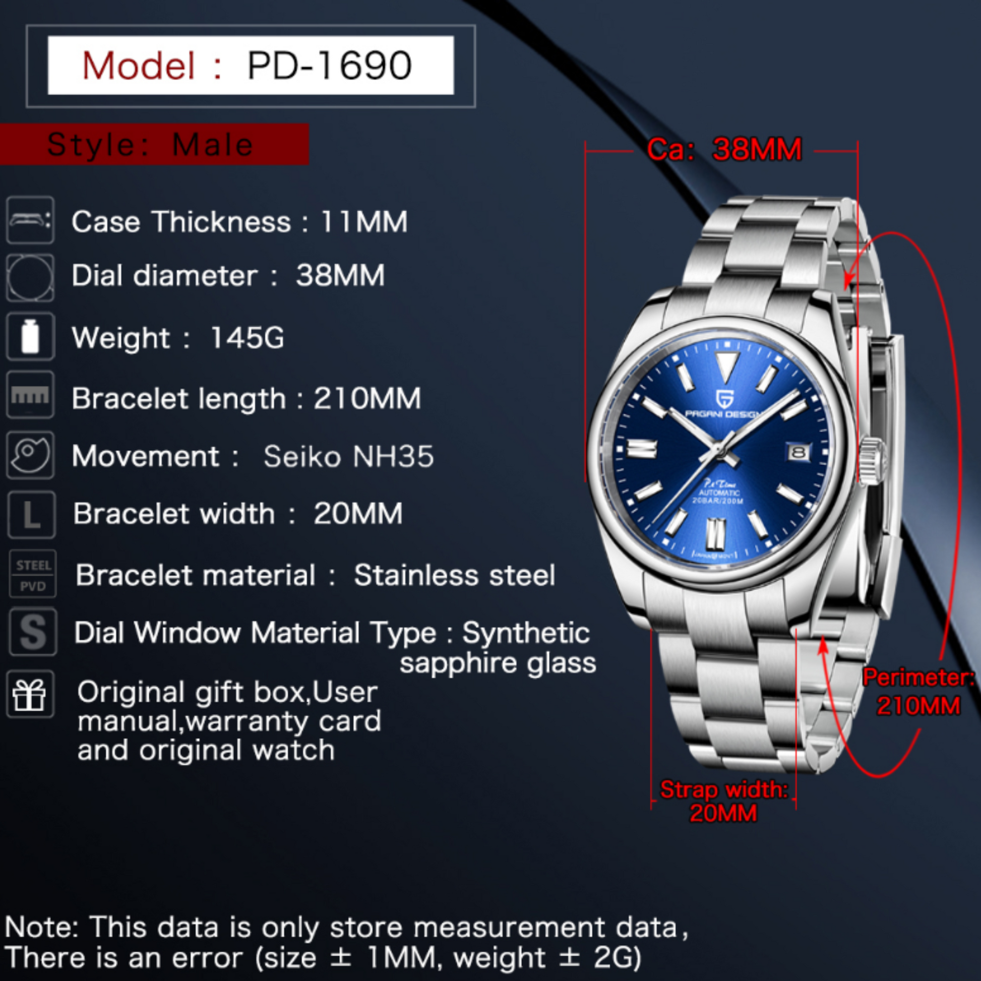Pagani Design PD-1690 39 MM (Seiko NH35A Automatic Movement) Mechanical Watch Sapphire Stainless Steel Watch Oyster Perpetual"Blue Dial"