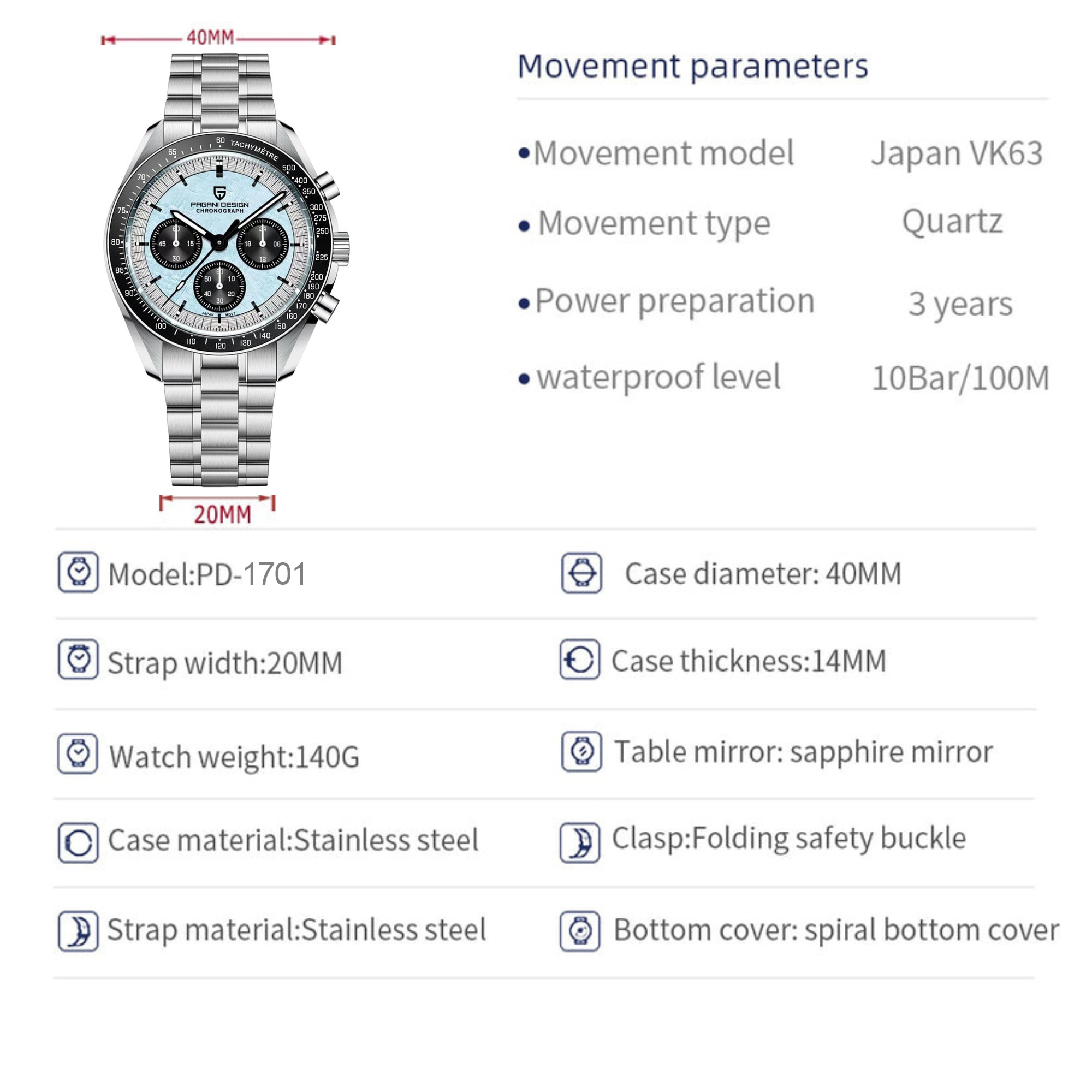 Pagani Design PD-1701 40mm Mens  Waterproof  Watch with Seiko VK-63 Movement (Speedmaster)