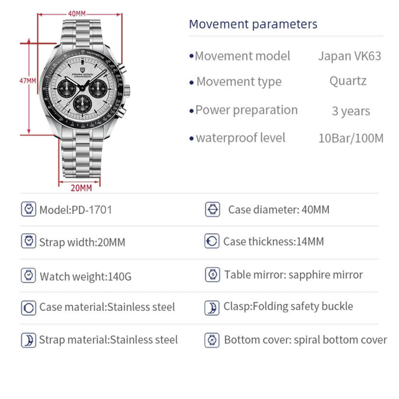 Pagani Design PD-1701 40mm Mens  Waterproof  Watch with Seiko VK-63 Movement (Speedmaster) - Grey V4
