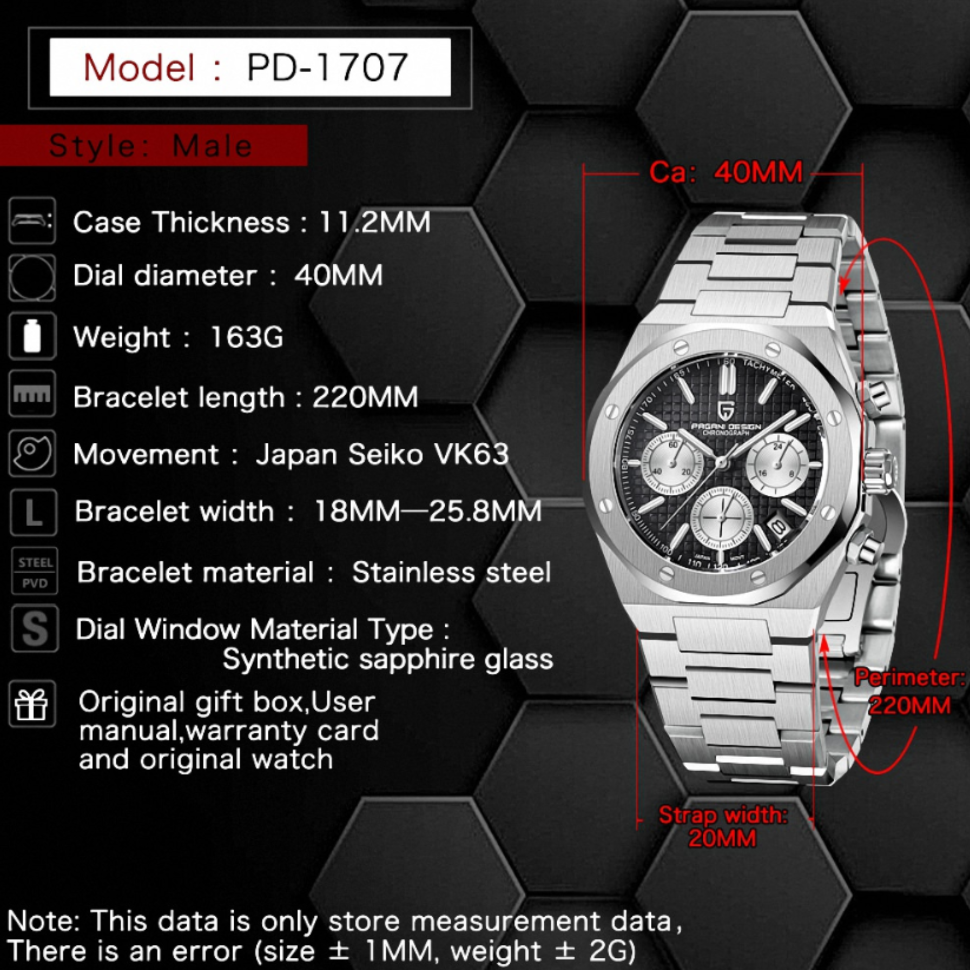 Pagani Design PD-1707 Royal Oak Men's 40mm Seiko VK63 Movement Watch 100M Waterproof Sapphire Crystal Stainless Steel Luminous Watch - Black Dial