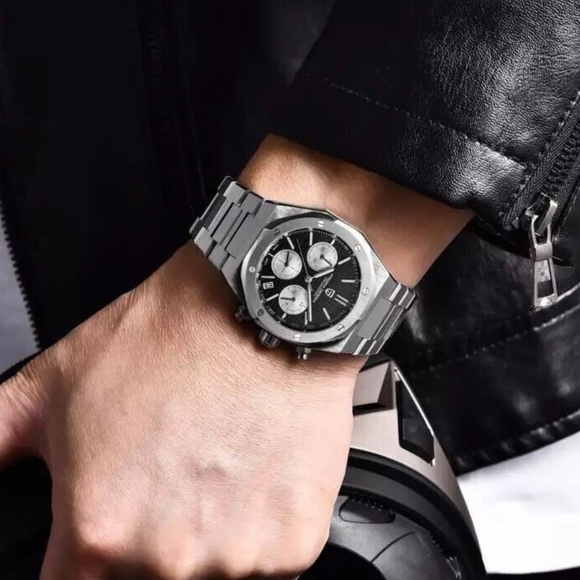 Pagani Design PD-1707 Royal Oak Men's 40mm Seiko VK63 Movement Watch 100M Waterproof Sapphire Crystal Stainless Steel Luminous Watch - Black Dial