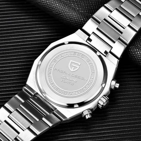 Pagani Design PD-1707 Royal Oak Men's 40mm Seiko VK63 Movement Watch 100M Waterproof Sapphire Crystal Stainless Steel Luminous Watch - Black Dial