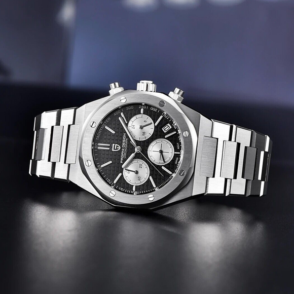 Pagani Design PD-1707 Royal Oak Men's 40mm Seiko VK63 Movement Watch 100M Waterproof Sapphire Crystal Stainless Steel Luminous Watch - Black Dial