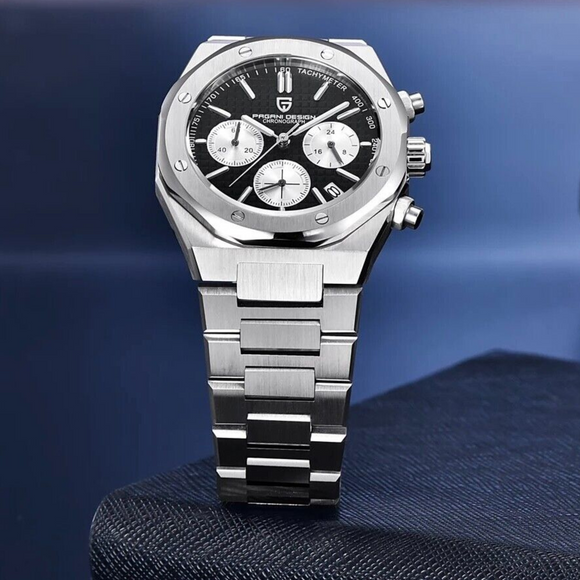 Pagani Design PD-1707 Royal Oak Men's 40mm Seiko VK63 Movement Watch 100M Waterproof Sapphire Crystal Stainless Steel Luminous Watch - Black Dial