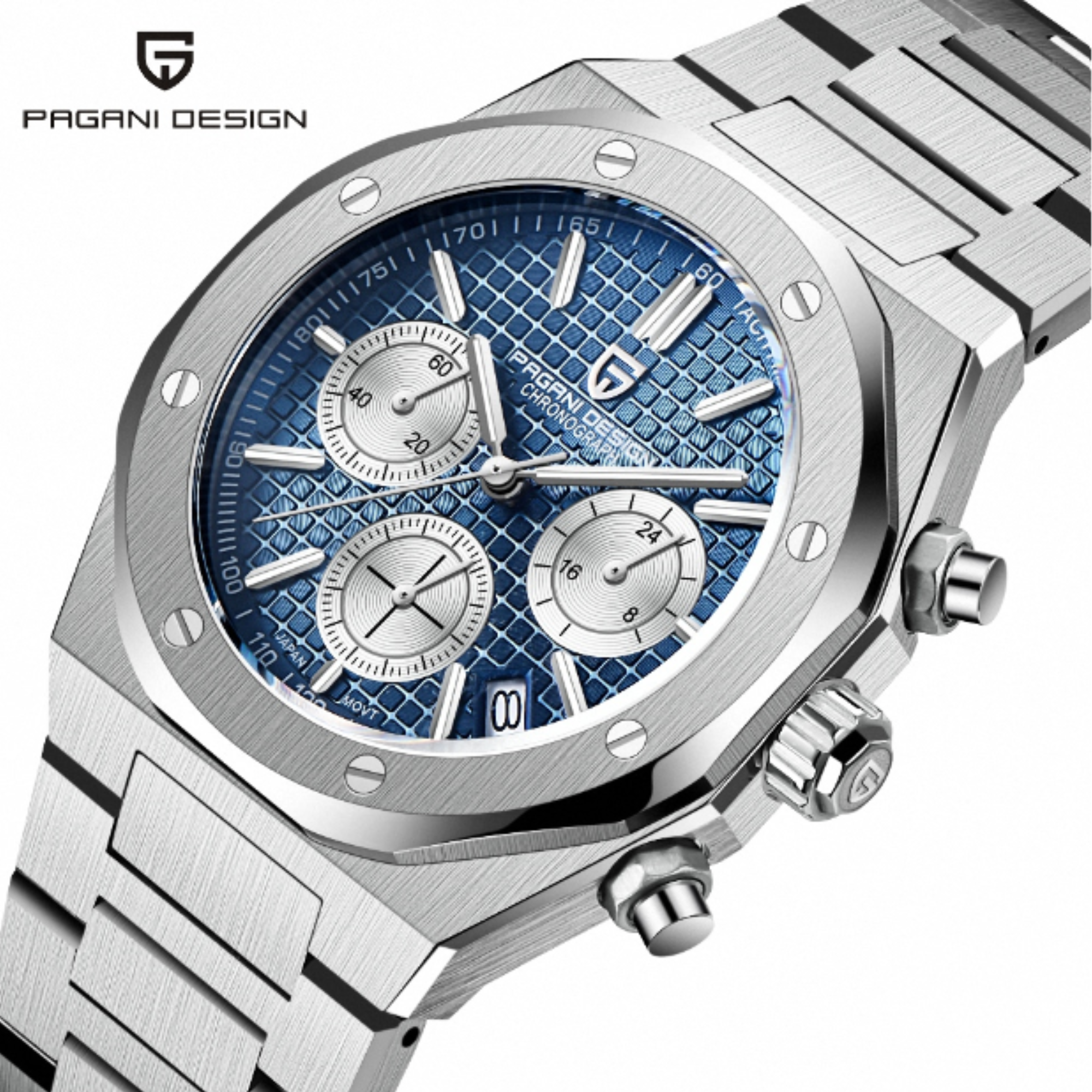 Pagani Design PD-1707 Royal Oak Men's 40mm Seiko VK63 Movement Watch 100M Waterproof Sapphire Crystal Stainless Steel Luminous Watch - Blue Dial