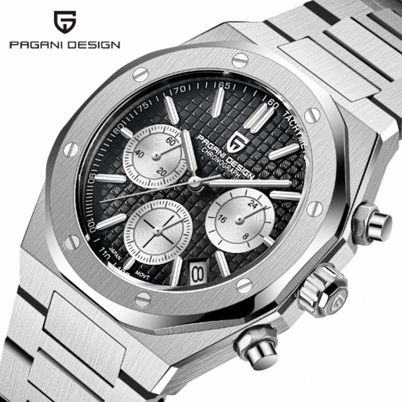 Pagani Design PD-1707 Royal Oak Men's 40mm Seiko VK63 Movement Watch 100M Waterproof Sapphire Crystal Stainless Steel Luminous Watch - Black Dial
